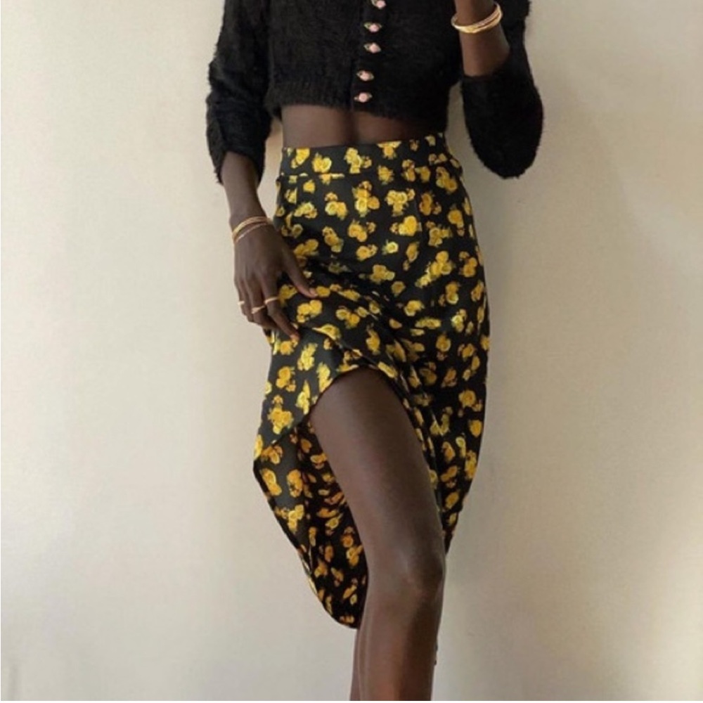 Yellow Floral High-Waist Satin Midi Skirt